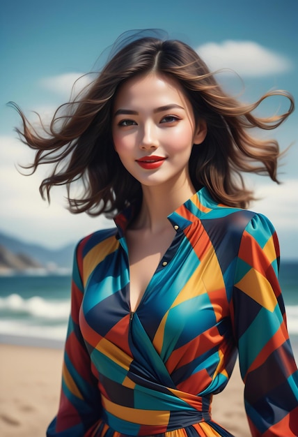 Retrato de una hermosa mujer asiática con un vestido de moda en la playa