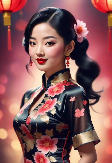 Retrato de una hermosa mujer asiática en el vestido tradicional de cheongsam