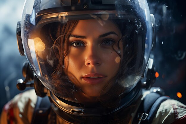 Retrato de una hermosa mujer astronauta en traje espacial y casco