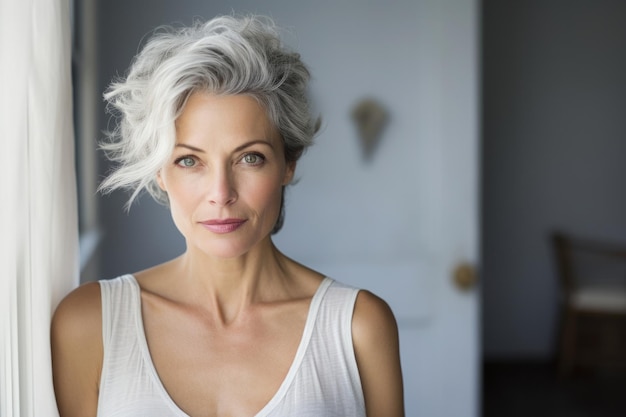 Retrato de una hermosa mujer blanca adulta de unos 50 años de edad de pie a la luz del día Concepto de edad activa