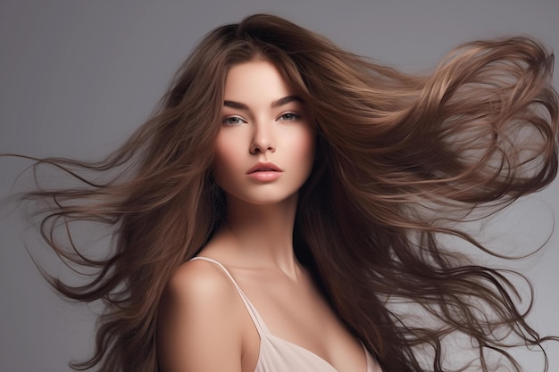 Retrato de una hermosa mujer con el cabello largo y ondulado en el fondo gris