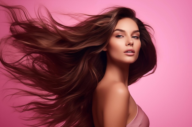 Retrato de una hermosa mujer con el cabello largo y ondulado en el fondo rosa