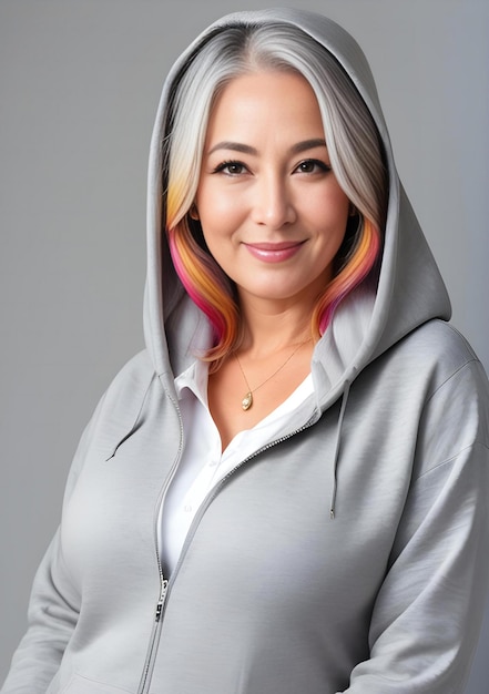 Retrato de una hermosa mujer con cabello rosado y sudadera con capucha gris