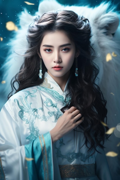 Foto retrato de una hermosa mujer china en el estilo tradicional de ropa hanfu y un león blanco atractivo