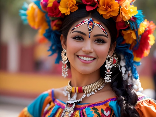 Foto retrato de una hermosa mujer colombiana en traje nacional ropa tradicional de colores, maquillaje y