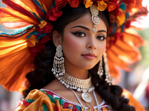 Retrato de una hermosa mujer colombiana en traje nacional Ropa tradicional de colores, maquillaje y