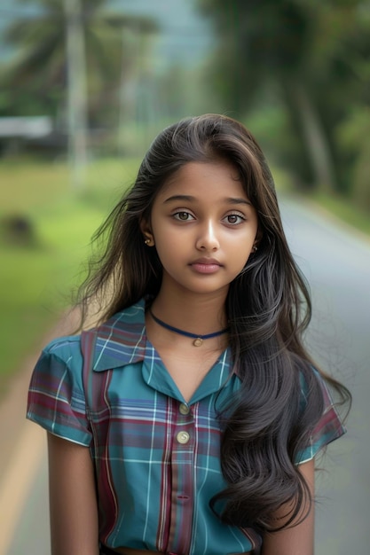 Foto un retrato de una hermosa mujer de color de sri lanka, una niña cingalesa de unos 30 años.