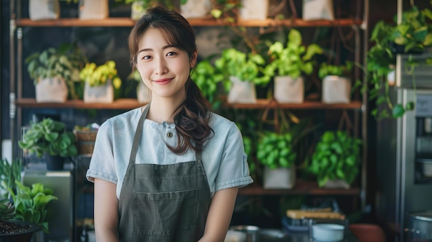 Retrato de una hermosa mujer coreana de pie con un delantal