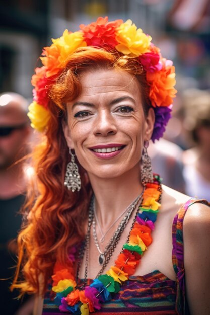 Retrato de una hermosa mujer en el desfile del orgullo gay creado con IA generativa