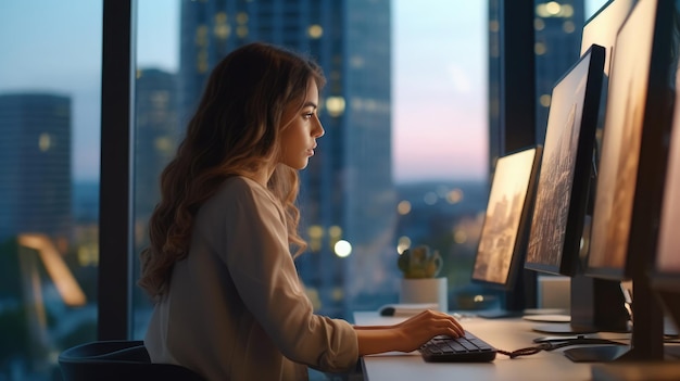 Retrato de una hermosa mujer diversa que usa una computadora de escritorio mirando a la cámara e informando sonriente