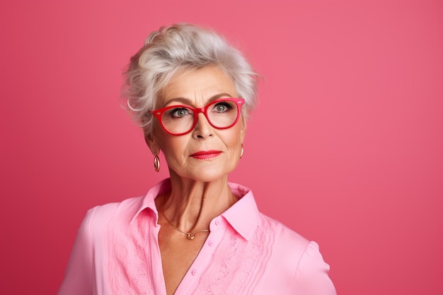 Retrato de una hermosa mujer de edad avanzada con camisa rosa y gafas rojas