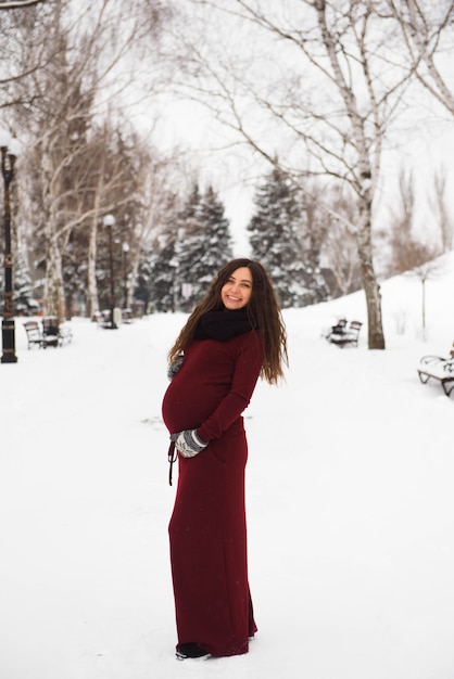 Retrato de hermosa mujer embarazada en el parque de invierno.