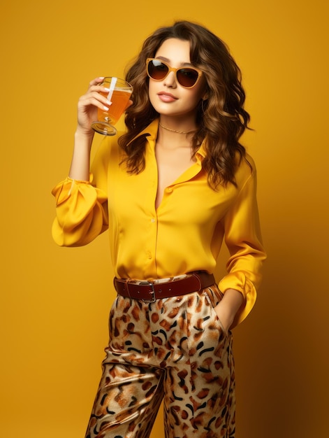 Retrato de una hermosa mujer en estilo de moda sosteniendo un vaso de vino aislado sobre un fondo amarillo