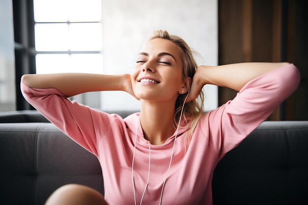 Retrato de una hermosa mujer estirando la cabeza y sonriendo