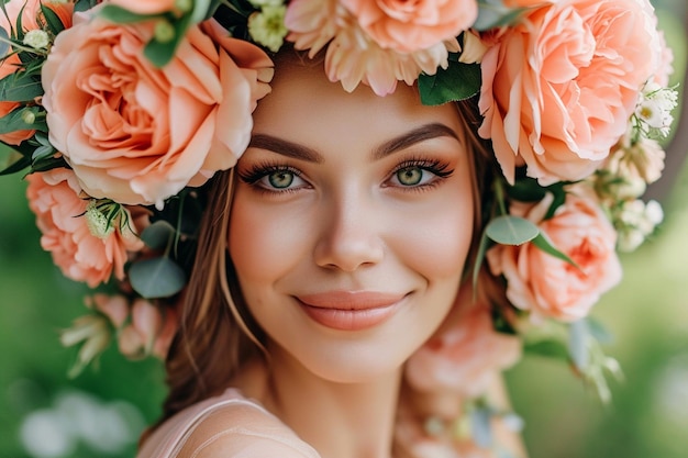 Retrato de una hermosa mujer con flores en el pelo