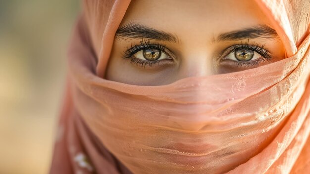 Un retrato de una hermosa mujer con un hijab rosa