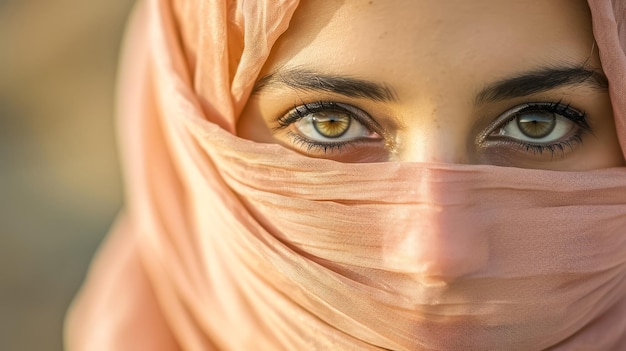 Un retrato de una hermosa mujer con un hijab rosa