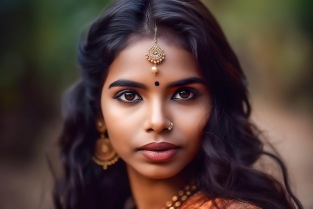 Retrato de una hermosa mujer india con sari tradicional IA generativa