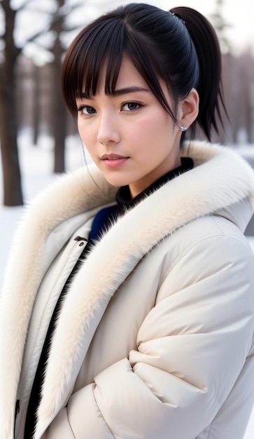 Retrato de una hermosa mujer japonesa con una parka de invierno con un cuello de piel