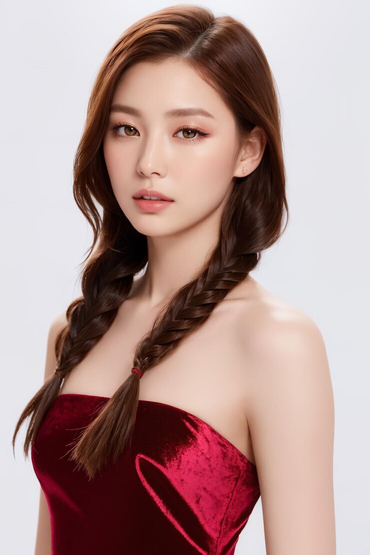 Retrato de una hermosa mujer japonesa con un vestido de terciopelo trenzado de cola de pez castaño que luce femenina