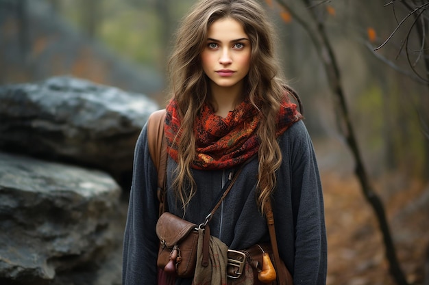 retrato de una hermosa mujer joven al aire libre en otoño