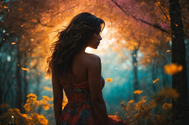Retrato de una hermosa mujer joven en el bosque de otoño al atardecer