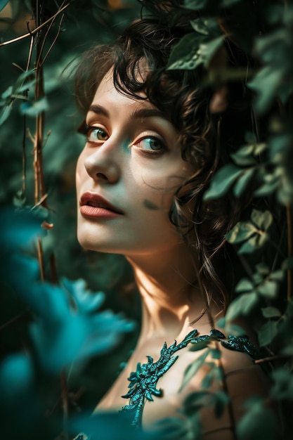 Retrato de una hermosa mujer joven en un bosque verde Moda de belleza