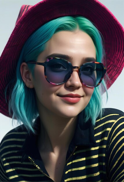 Retrato de una hermosa mujer joven con cabello azul brillante y gafas de sol