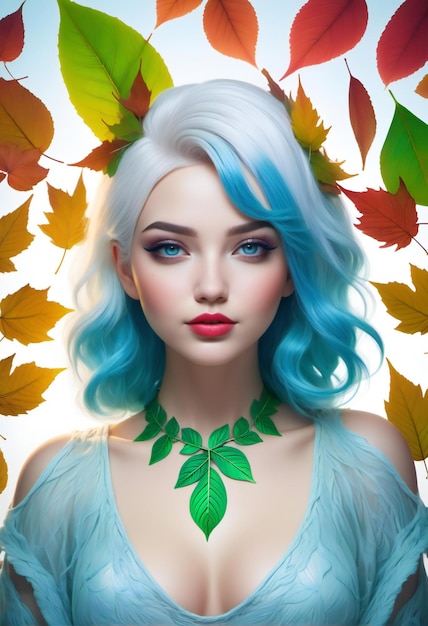 Retrato de una hermosa mujer joven con cabello azul y coloridas hojas de otoño