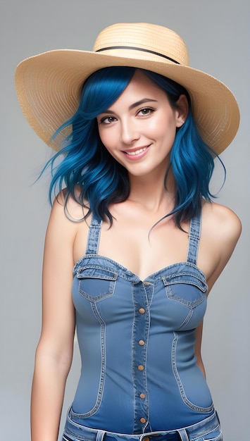 Retrato de una hermosa mujer joven de cabello azul con sombrero