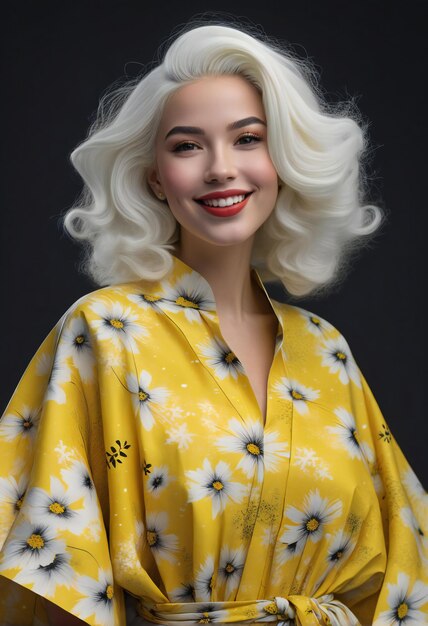 Retrato de una hermosa mujer joven de cabello blanco en un vestido amarillo