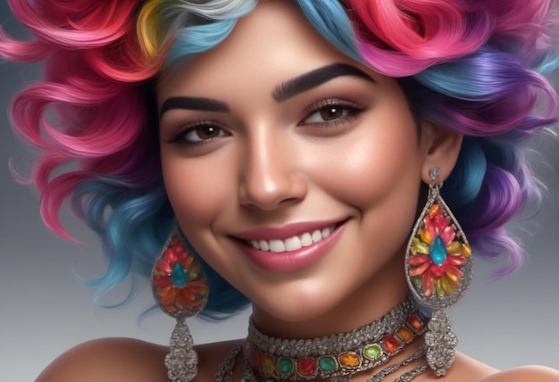 Retrato de una hermosa mujer joven con cabello de colores y pendientes