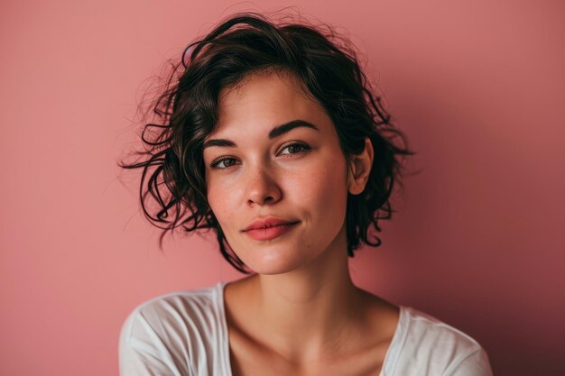 Retrato de una hermosa mujer joven con el cabello corto sobre un fondo rosa