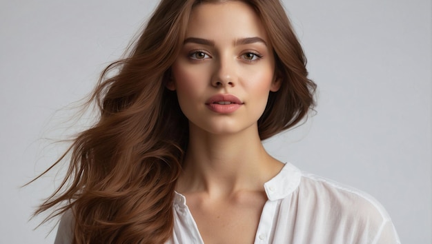 Un retrato de una hermosa mujer joven con cabello largo para anuncios de cuidado de la piel o productos de tratamiento del cabello