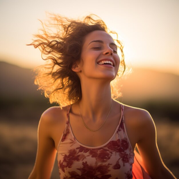 Retrato de una hermosa mujer joven de cabello largo y marrón sonriendo felizmente a la luz del sol