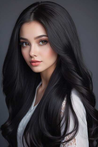 Retrato de una hermosa mujer joven con cabello largo y negro Moda de belleza