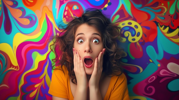 Foto retrato de una hermosa mujer joven con cabello largo y ojos marrones ella lleva una camisa amarilla y tiene las manos en la cara