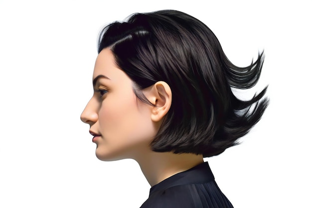 Retrato de una hermosa mujer joven con cabello negro sobre un fondo blanco