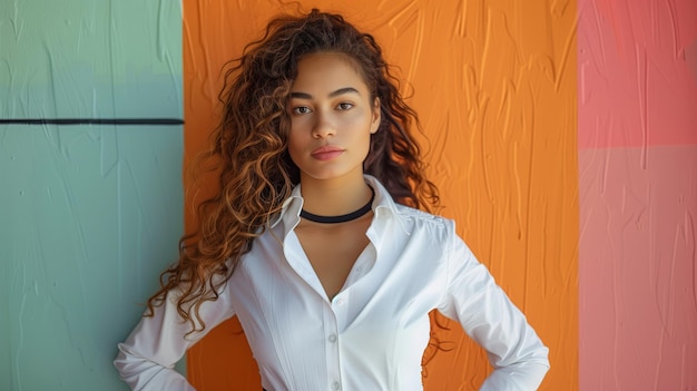 Retrato de una hermosa mujer joven con el cabello rizado en una camisa blanca