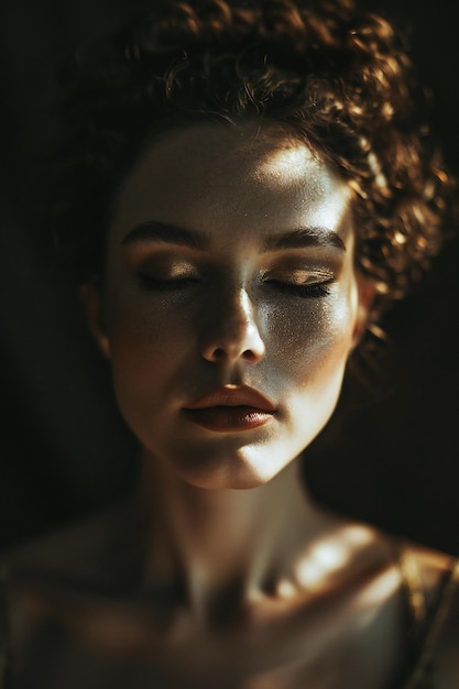 Foto retrato de una hermosa mujer joven con cabello rizado y maquillaje moda de belleza