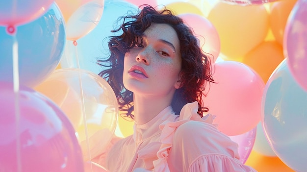retrato de una hermosa mujer joven con el cabello rizado de pie en un campo de globos de colores pastel