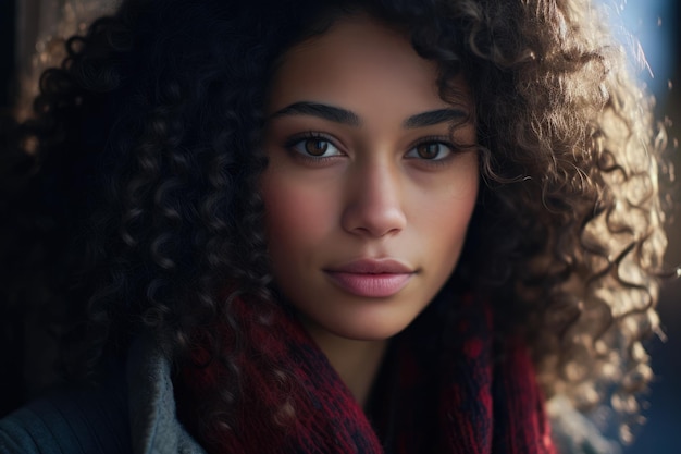 Retrato de una hermosa mujer joven con el cabello rizado