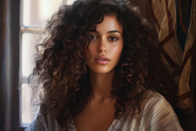 Retrato de una hermosa mujer joven con el cabello rizado