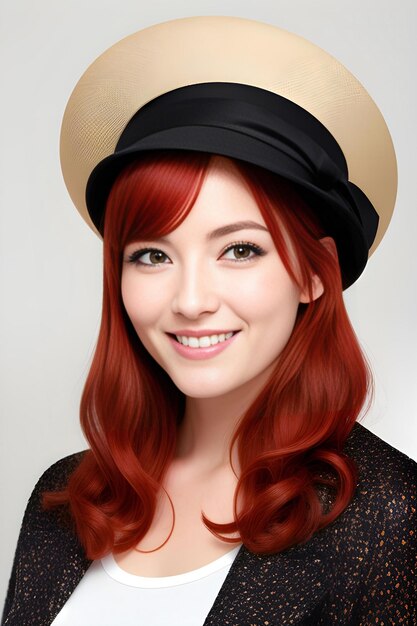 Foto retrato de una hermosa mujer joven con cabello rojo y boina