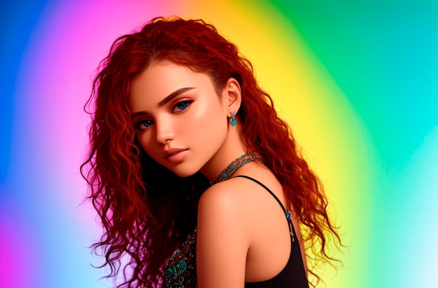Retrato de una hermosa mujer joven con cabello rojo largo y rizado y maquillaje brillante IA generativa