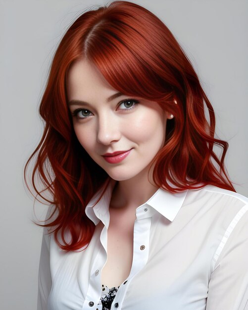 Retrato de una hermosa mujer joven de cabello rojo rodado en estudio