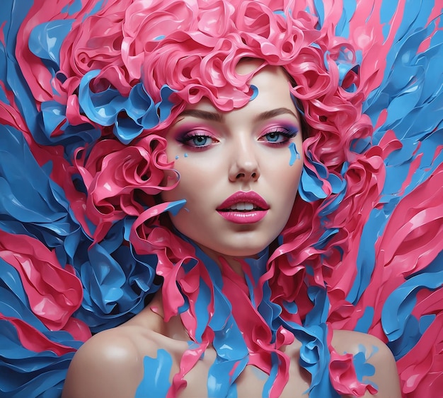 Retrato de una hermosa mujer joven con cabello rosa y maquillaje azul
