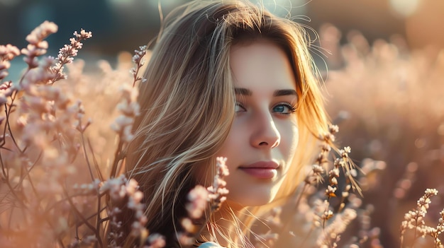 Retrato de una hermosa mujer joven con cabello rubio largo y ojos azules Ella está de pie en un campo de flores y sonriendo a la cámara