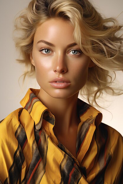 Retrato de una hermosa mujer joven con cabello rubio y ojos marrones