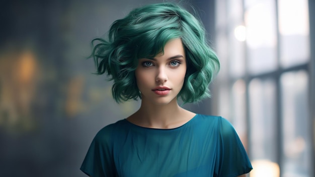 Retrato de una hermosa mujer joven con cabello verde Foto de moda